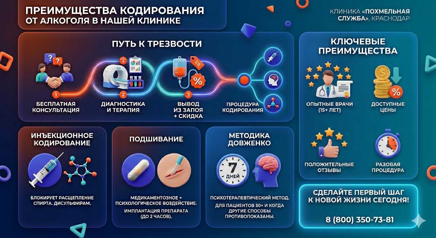 Инфографика о методах кодирования от алкоголя в Куйтуне: инъекции, подшивание, метод Довженко. Преимущества клиники и этапы лечения.